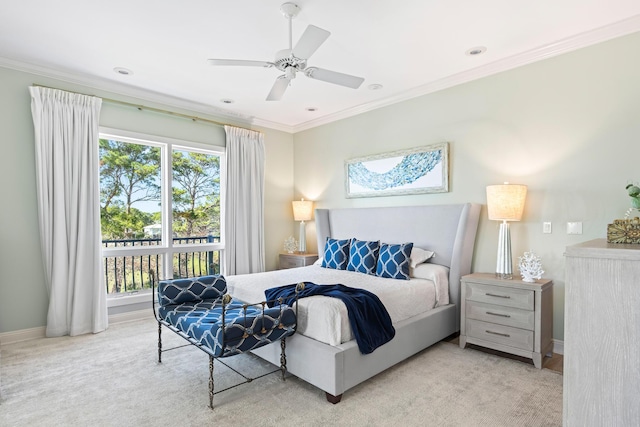 bedroom featuring light carpet, ceiling fan, and ornamental molding