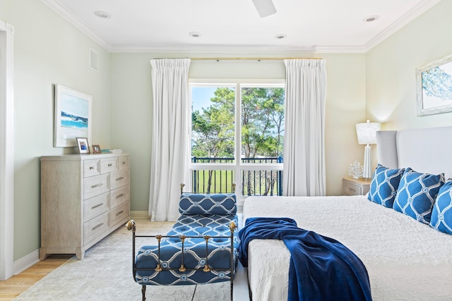 bedroom with light hardwood / wood-style flooring, ceiling fan, and crown molding