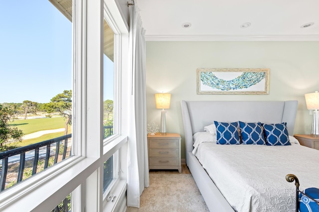 bedroom featuring multiple windows, light colored carpet, and ornamental molding