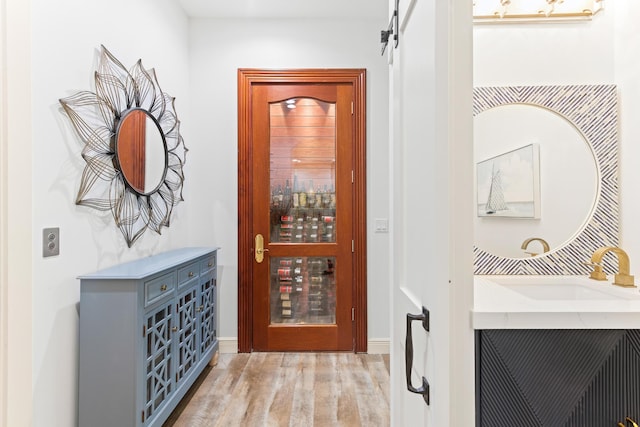 interior space with a barn door, light hardwood / wood-style flooring, and sink