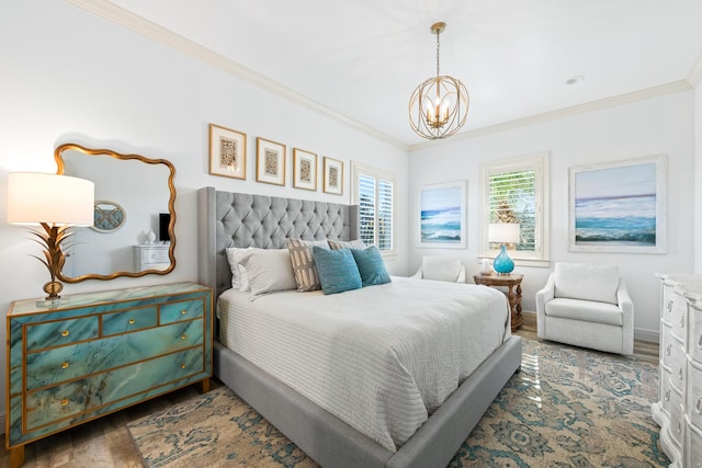 bedroom with dark hardwood / wood-style floors, crown molding, and a chandelier