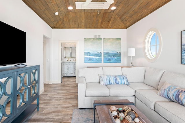 living room with lofted ceiling, wood-type flooring, and wooden ceiling