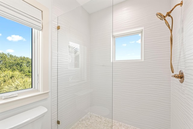 bathroom with a tile shower, plenty of natural light, and toilet