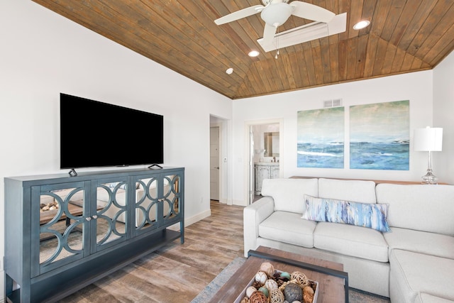 living room featuring ceiling fan, wooden ceiling, lofted ceiling, and hardwood / wood-style flooring