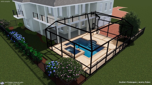 view of swimming pool featuring a lawn, a patio area, and an in ground hot tub