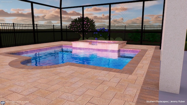 pool at dusk featuring glass enclosure, a hot tub, and a patio area