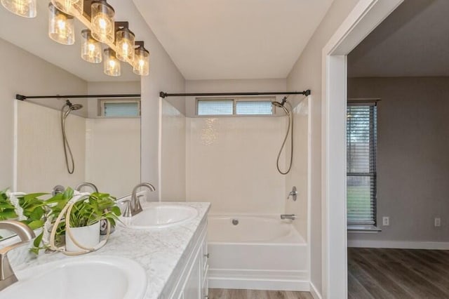 bathroom featuring hardwood / wood-style floors, vanity, and plenty of natural light