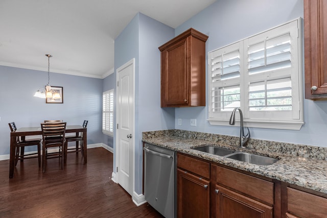 kitchen featuring dishwasher, dark hardwood / wood-style flooring, a wealth of natural light, and sink