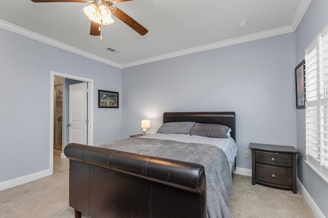 bedroom featuring ceiling fan, crown molding, and light carpet