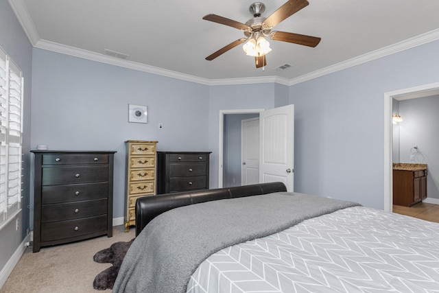 bedroom featuring ensuite bath, ceiling fan, crown molding, and light colored carpet