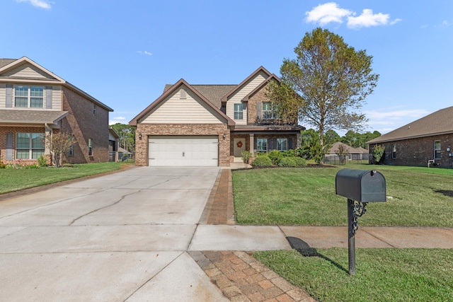 view of front of home with a garage and a front lawn