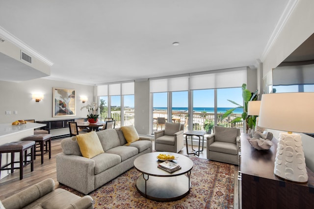 living room with hardwood / wood-style floors, a water view, and crown molding