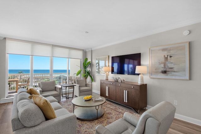 living room with light wood-type flooring, a water view, and ornamental molding