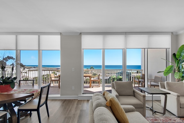 living room with hardwood / wood-style floors, a water view, and ornamental molding