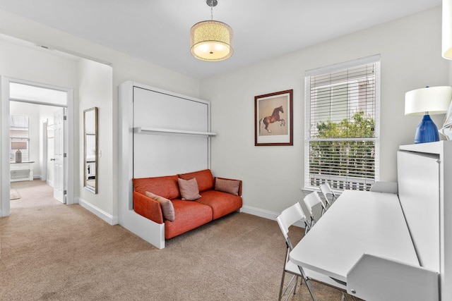 office area featuring light colored carpet