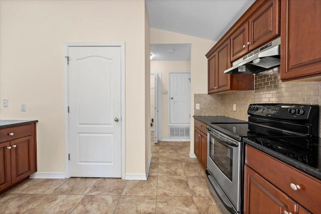 kitchen featuring decorative backsplash, lofted ceiling, stainless steel range with electric cooktop, and dark stone countertops