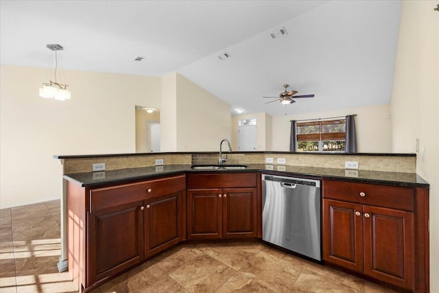 kitchen featuring dishwasher, sink, vaulted ceiling, ceiling fan, and decorative light fixtures