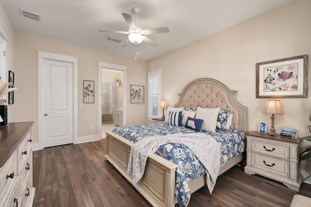 bedroom featuring ensuite bathroom, ceiling fan, and dark wood-type flooring