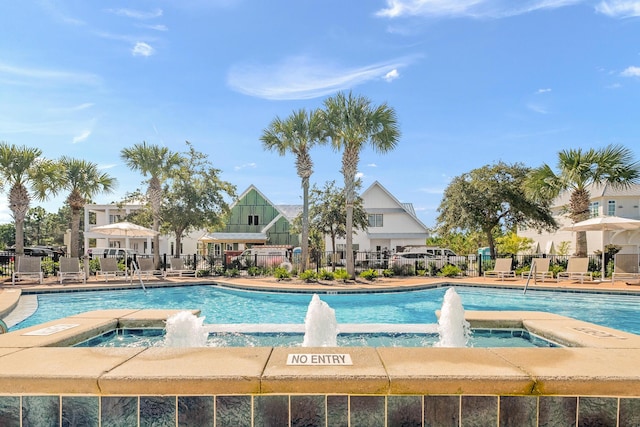 view of swimming pool featuring pool water feature