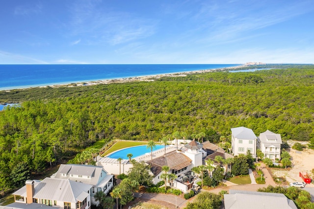 aerial view featuring a water view and a view of the beach