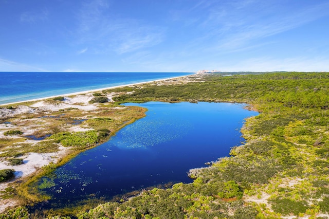 birds eye view of property featuring a water view and a view of the beach