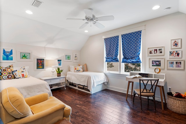 bedroom featuring ceiling fan, lofted ceiling, and dark wood-type flooring