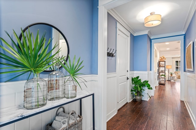 interior space with crown molding and dark wood-type flooring