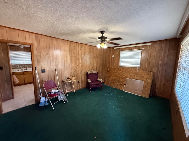 unfurnished room featuring carpet, ceiling fan, wood walls, and a textured ceiling