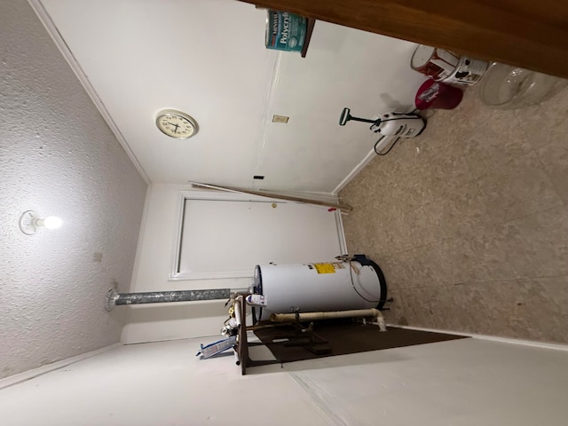 workout area featuring lofted ceiling and ornamental molding