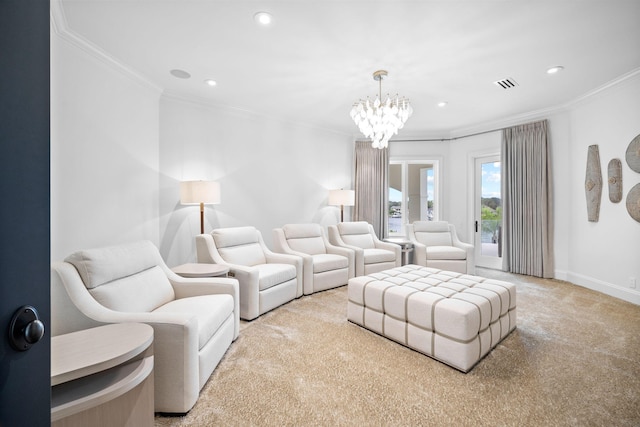 living room with light carpet, an inviting chandelier, and crown molding