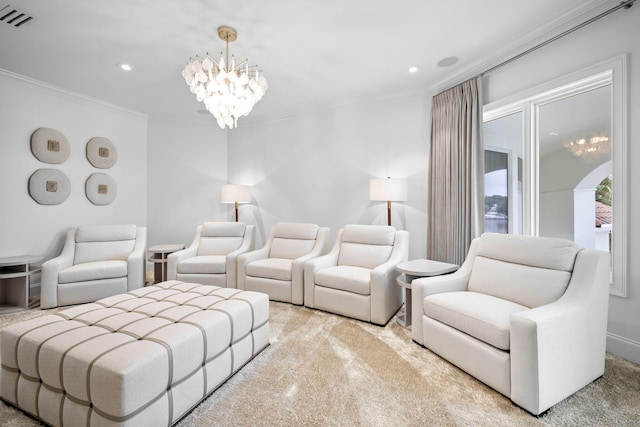 living room with an inviting chandelier, light colored carpet, and ornamental molding