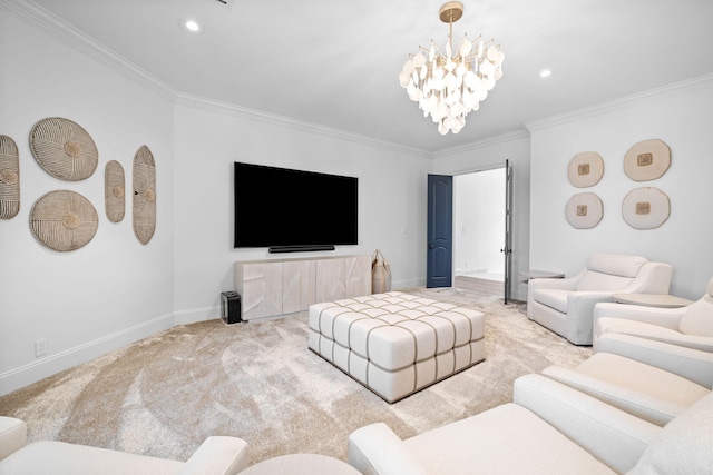 living room with light colored carpet, crown molding, and an inviting chandelier