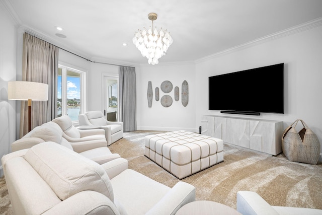 living room with a notable chandelier, light colored carpet, and crown molding