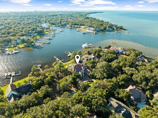 aerial view featuring a water view