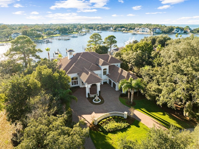 birds eye view of property with a water view