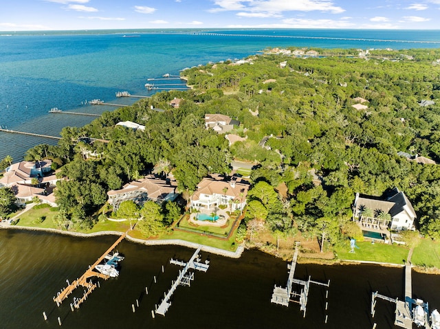 drone / aerial view featuring a water view