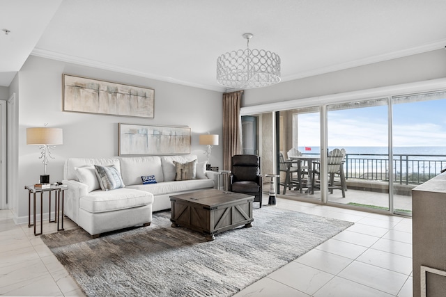 living room with a water view and ornamental molding