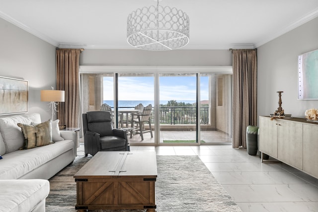 living room with a water view, ornamental molding, and a notable chandelier