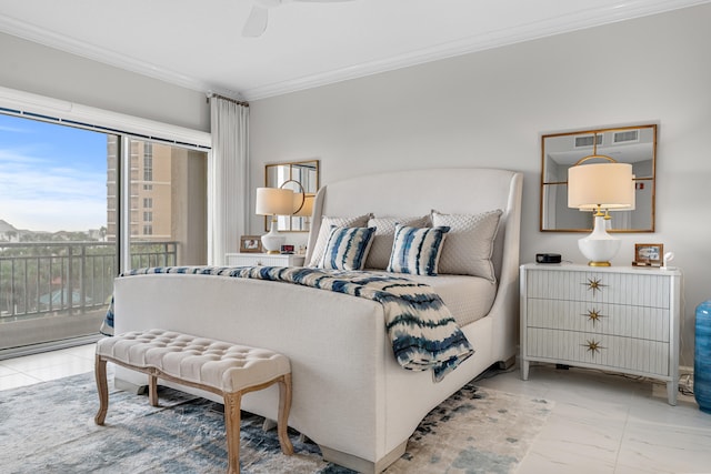 bedroom with access to outside, ceiling fan, and ornamental molding