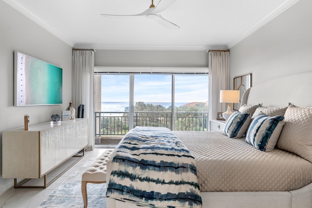 bedroom with access to exterior, ceiling fan, and crown molding