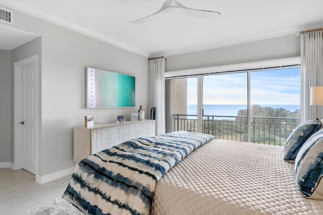 bedroom featuring access to exterior, ceiling fan, a water view, and ornamental molding