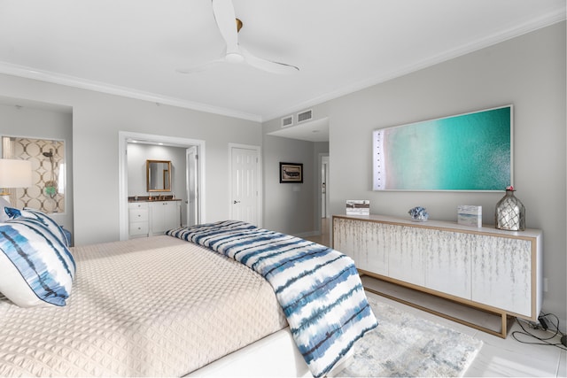 bedroom with connected bathroom, ceiling fan, a closet, and ornamental molding