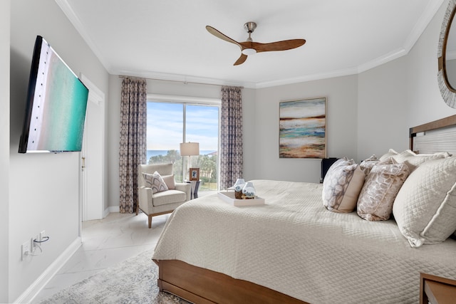 bedroom with ceiling fan and ornamental molding