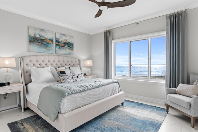 bedroom with a water view, ceiling fan, and ornamental molding