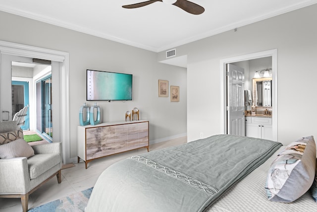 bedroom with ensuite bathroom, crown molding, and ceiling fan