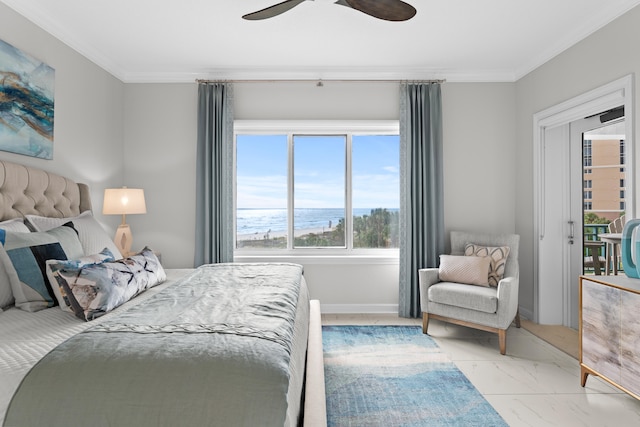 bedroom featuring a water view, ceiling fan, and crown molding