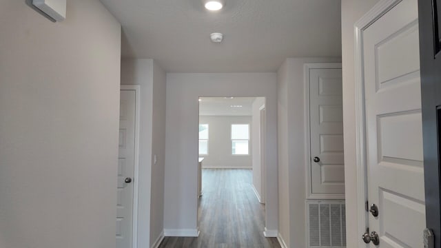 hall featuring wood-type flooring and a textured ceiling