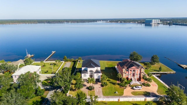 bird's eye view with a water view