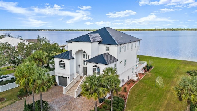 aerial view featuring a water view