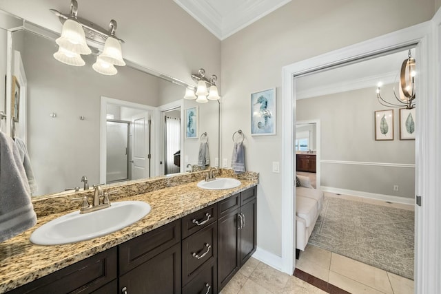 bathroom with vanity, tile patterned floors, walk in shower, and ornamental molding